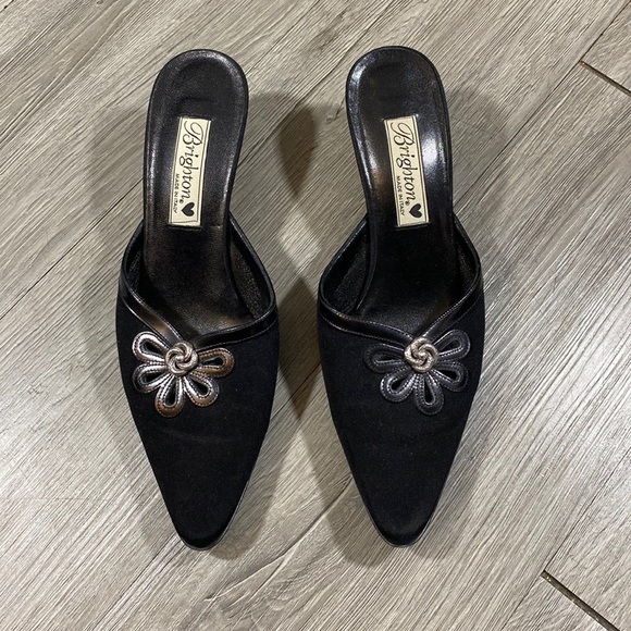 Brighton Black Leather Trim Kitten Heel Made in Italy Pointed Toe Mules size 8 - Picture 1 of 10